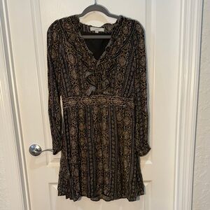 LOFT Black and Brown Long Sleeve Dress Metallic Thread V Neck Ruffle Size 4